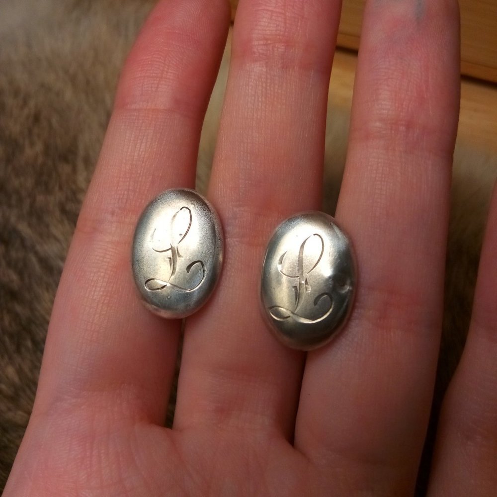 Antique Sterling Engraved "L" Screw Earrings